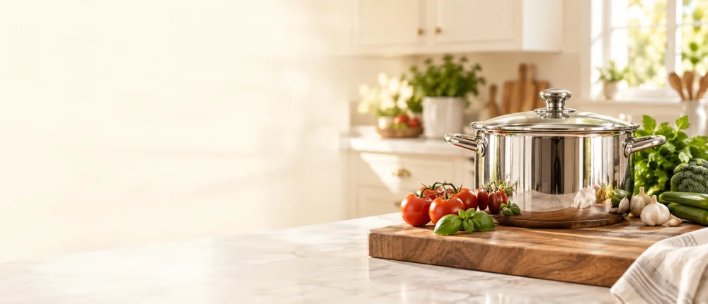 Stainless steel cooking pot in a bright kitchen