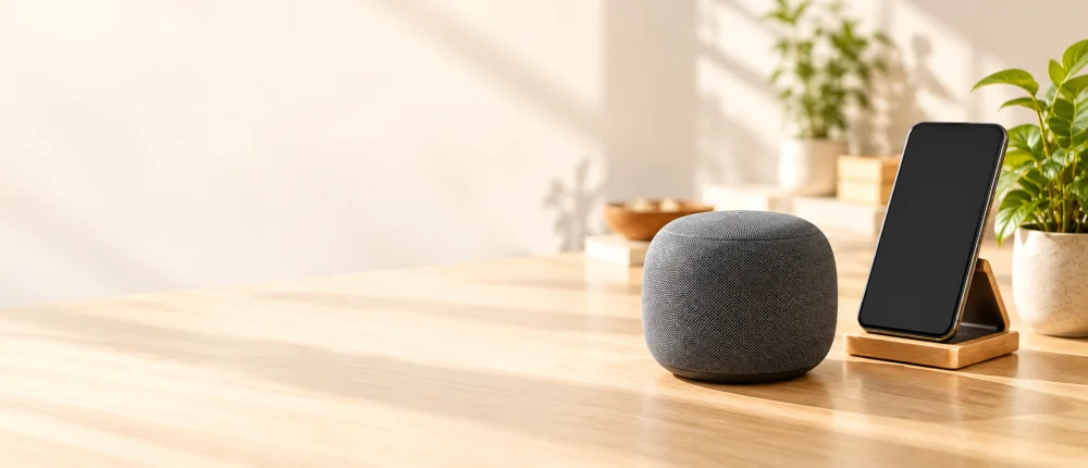 Speaker and smartphone on a sunny desk