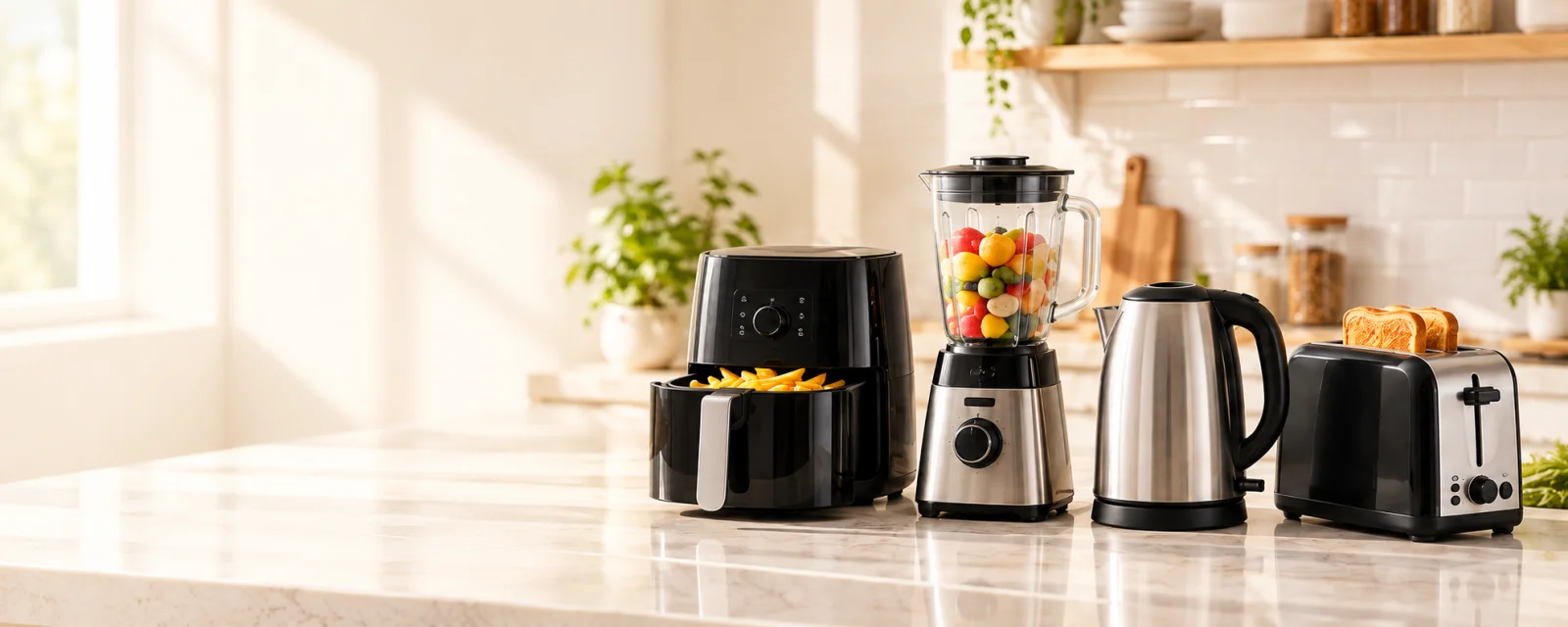 Bright cream kitchen with an air fryer, blender, kettle and toaster
