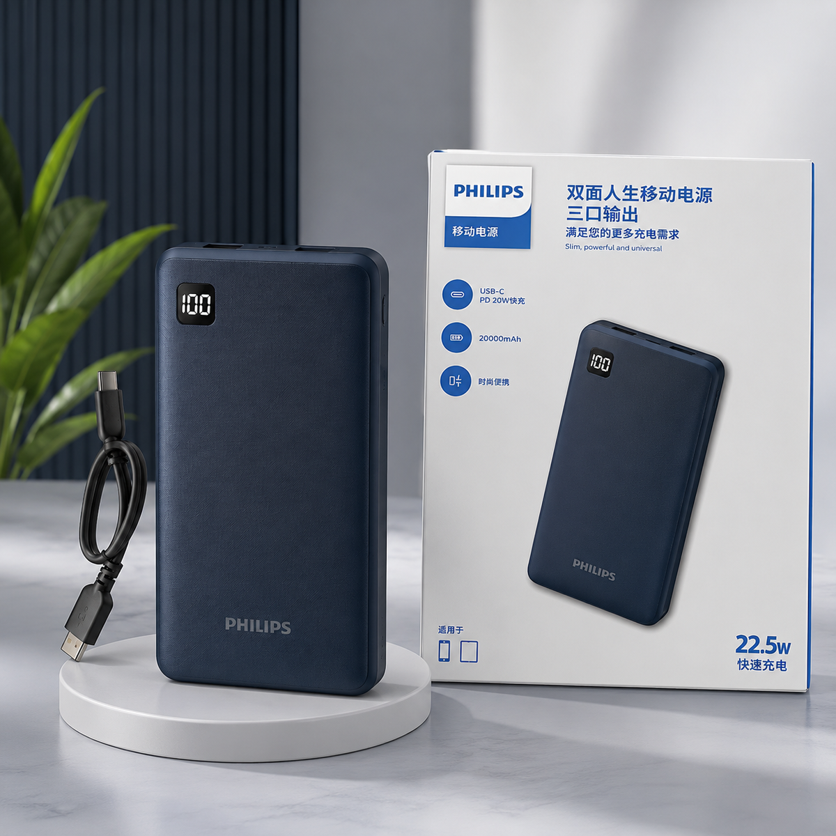 Philips 20000mAh 22.5W USB and Type-C PD Power Bank with Three Output Led Indicator