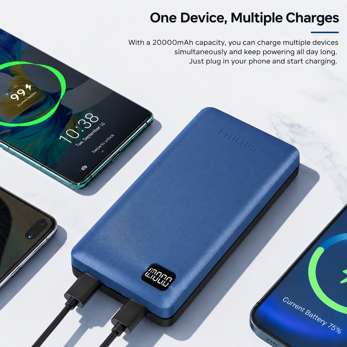 Philips 20000mAh 22.5W USB and Type-C PD Power Bank with Three Output Led Indicator