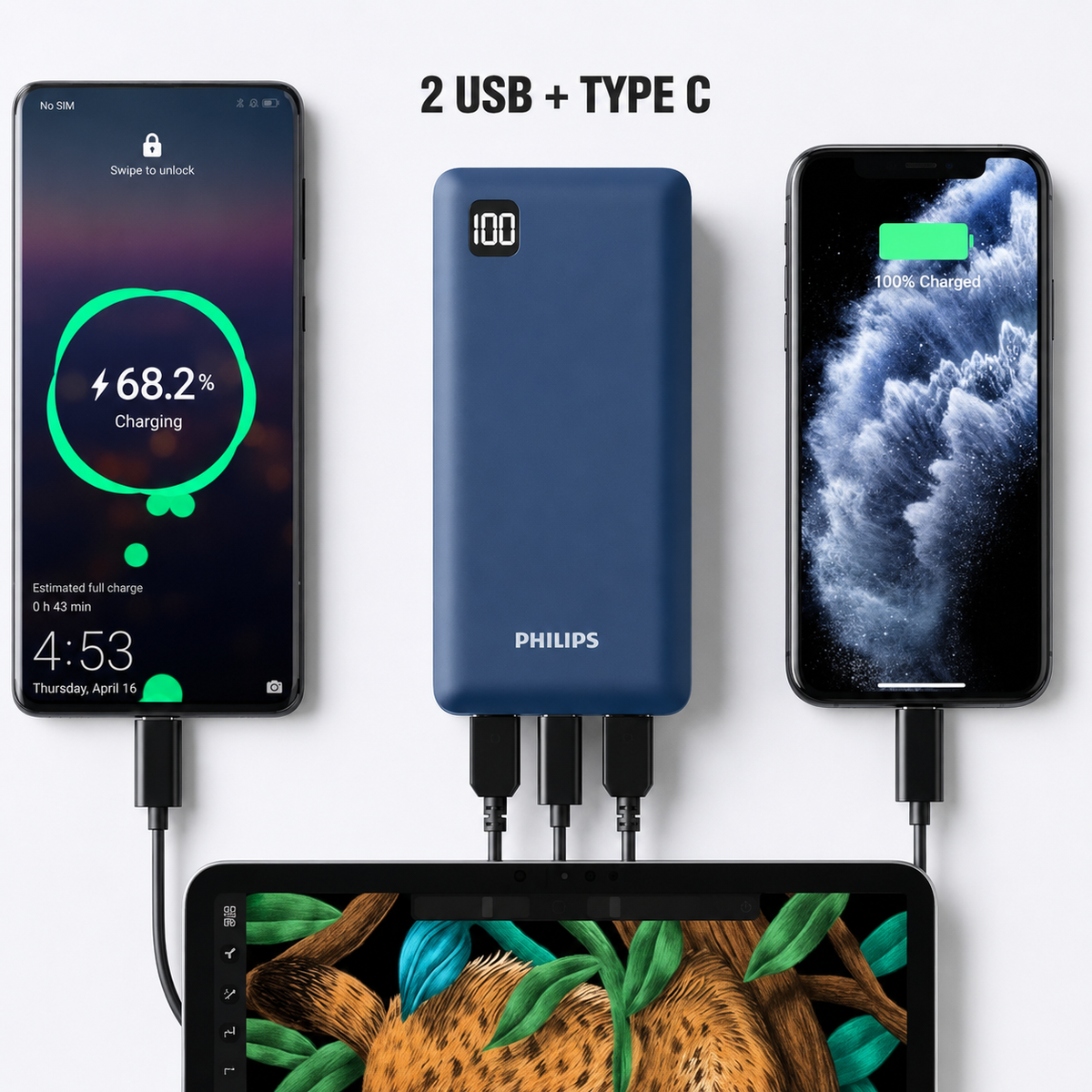 Philips 20000mAh 22.5W USB and Type-C PD Power Bank with Three Output Led Indicator