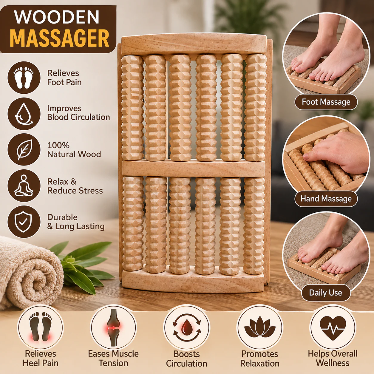Wooden Foot Massager Roller – Dual Foot Reflexology Massage Tool