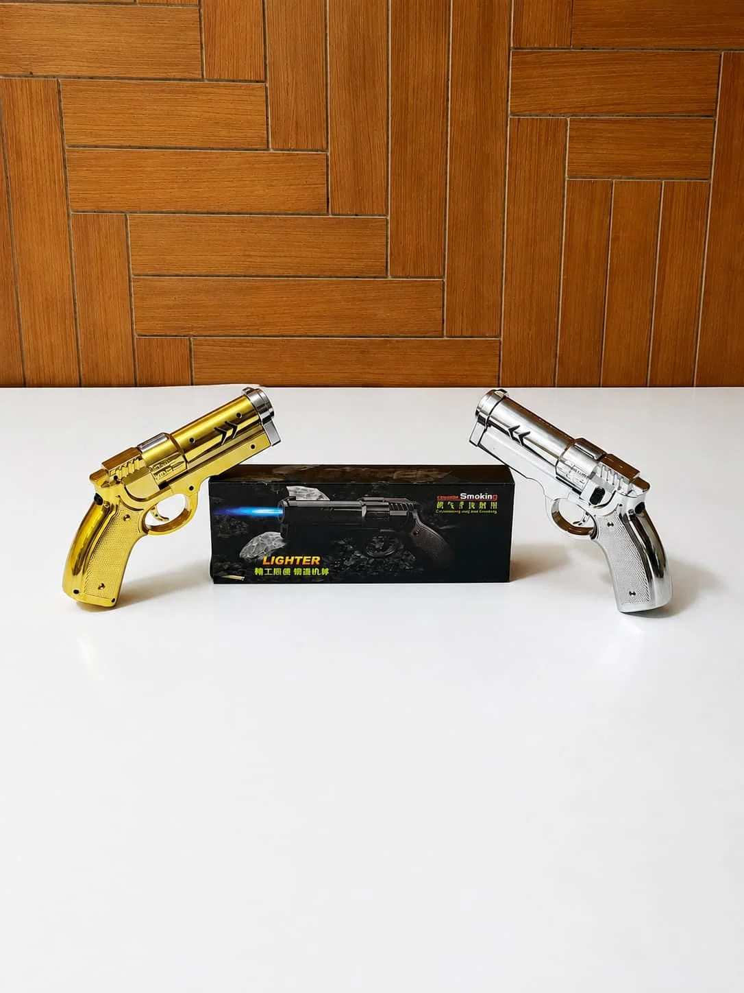 Premium Gun Style Jet Flame Lighter Golden & Silver.
